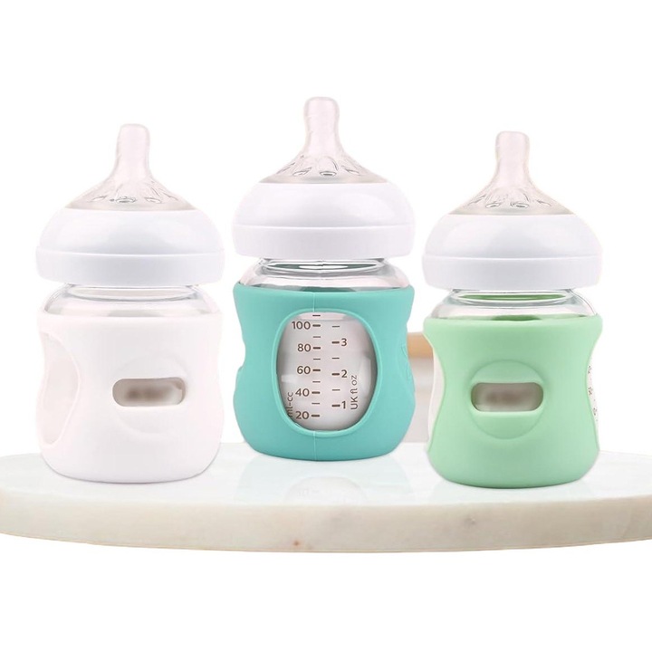 Set 3 Manere Silicoane pentru Biberoane Sticla, OVERTANG, Protectie Anti-Rupere, Albastru, Verde Deschis, Alb
