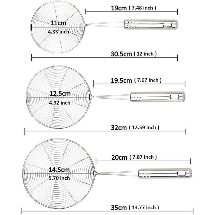Set de 3 strecuratoare inox, cu manere lungi, pentru prajit si scos paste