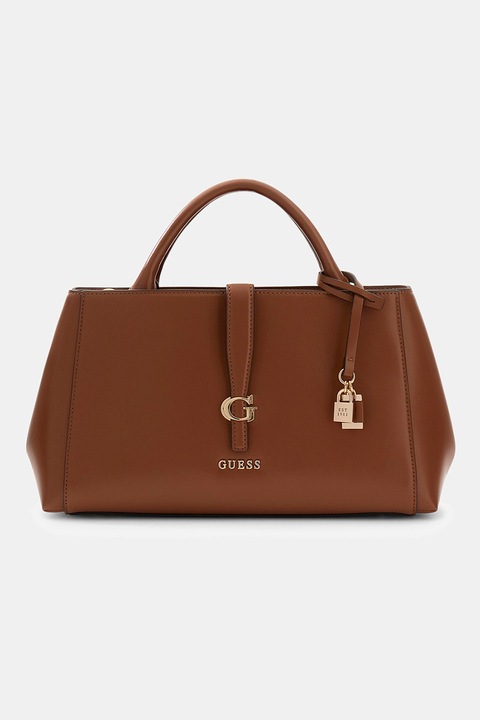 GUESS, Geanta de piele ecologica cu maner si bareta detasabila Carrie, Maro cognac