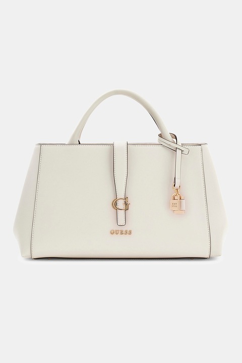 GUESS, Geanta de piele ecologica cu maner si bareta detasabila Carrie, Alb fildes