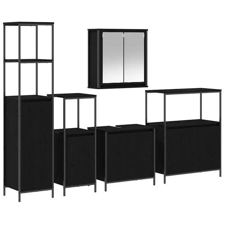 Set de mobilier pentru baie vidaXL, 5 pcs Stejar Negru Lemn compozit