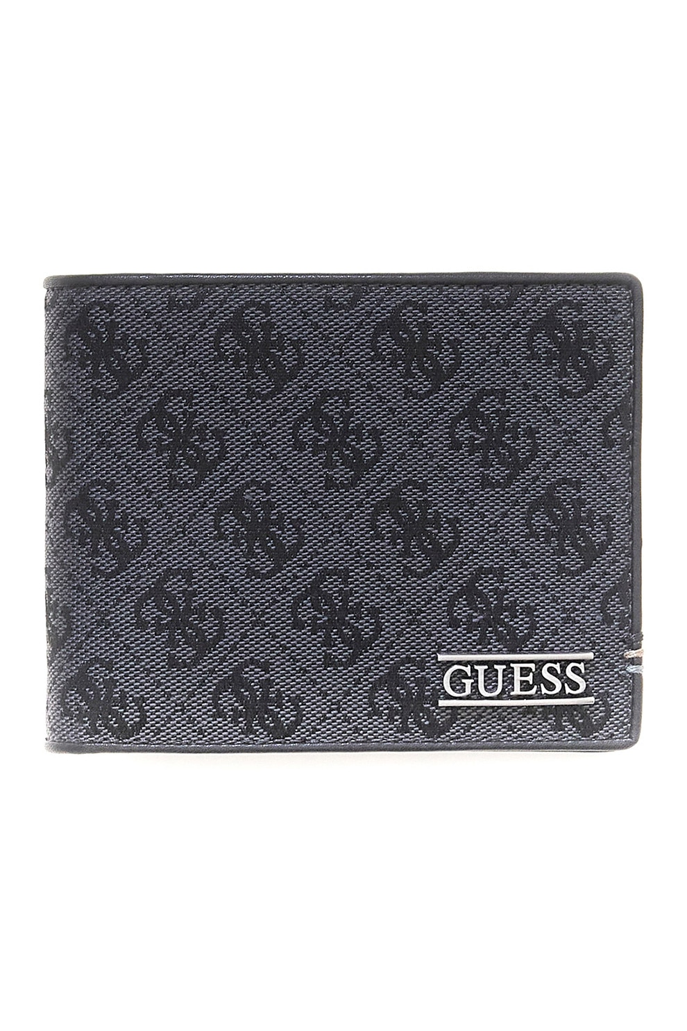 GUESS, Portofel pliabil din piele ecologica cu model monograma, Negru