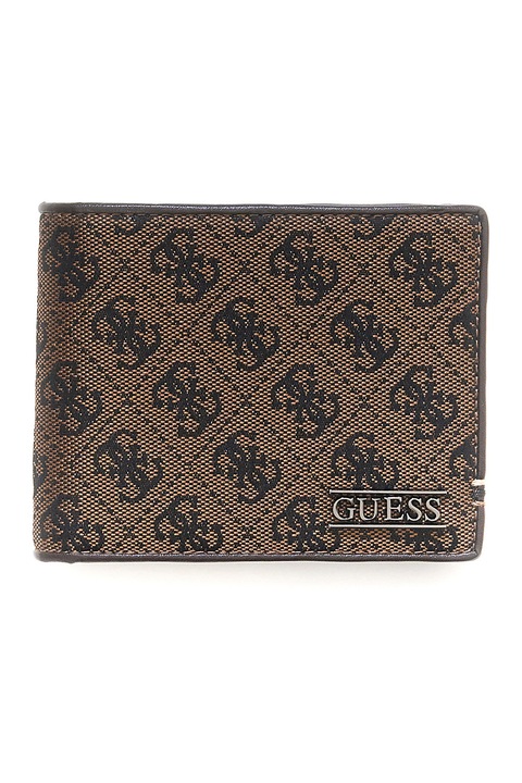 GUESS, Portofel pliabil din piele ecologica cu model monograma, Negru stins, Maro deschis
