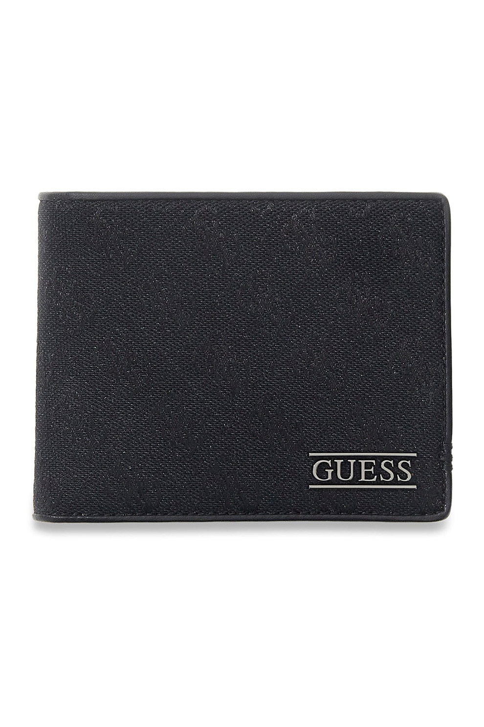 GUESS, Portofel pliabil din piele ecologica cu model monograma, Negru stins, Negru