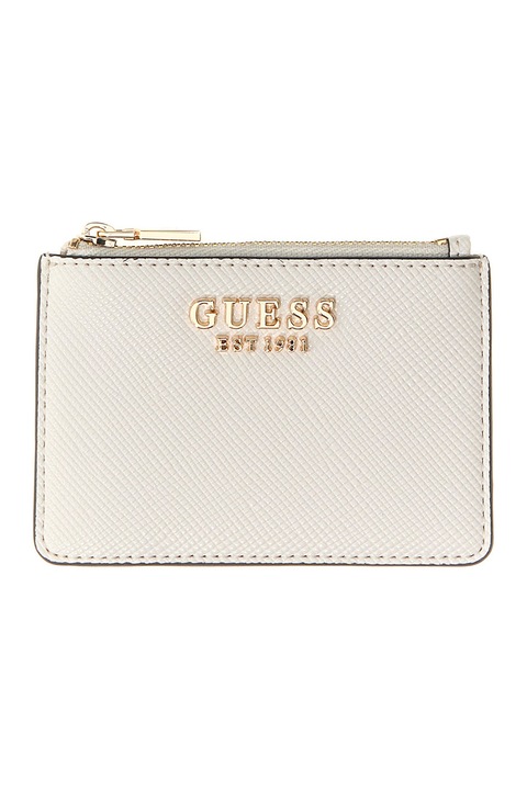 GUESS, Portcart de piele ecologica cu logo metalic Patsie, Alb fildes