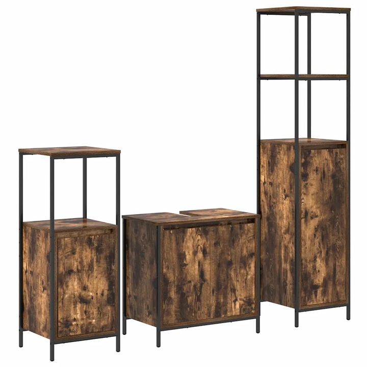 Set de mobilier pentru baie vidaXL, cu usa 3 pcs Stejar afumat si negru