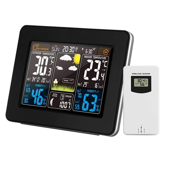 Statie Meteo cu Ceas si Transmitator Exterior, Omelivon, Ecran LCD Color Butoane Tactile, Temperatura Umiditate Interior Exteriors, Faze Lunare, Presiune Atmosferica, Previziune Meteo, Calendar Perpetuu, Alimentare la Retea and Baterii, Negru