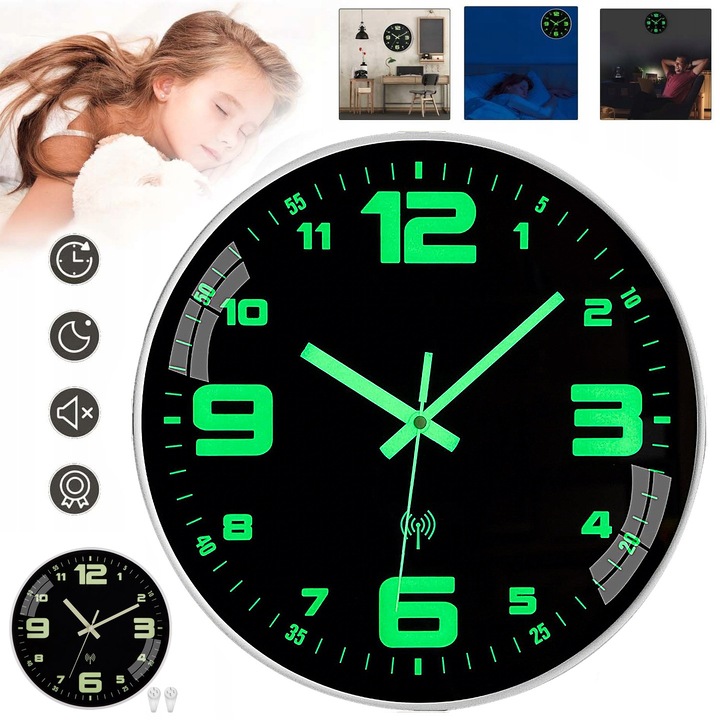 Ceas de perete YOUKUKE, fosforescent, alb, 30cm, silentios