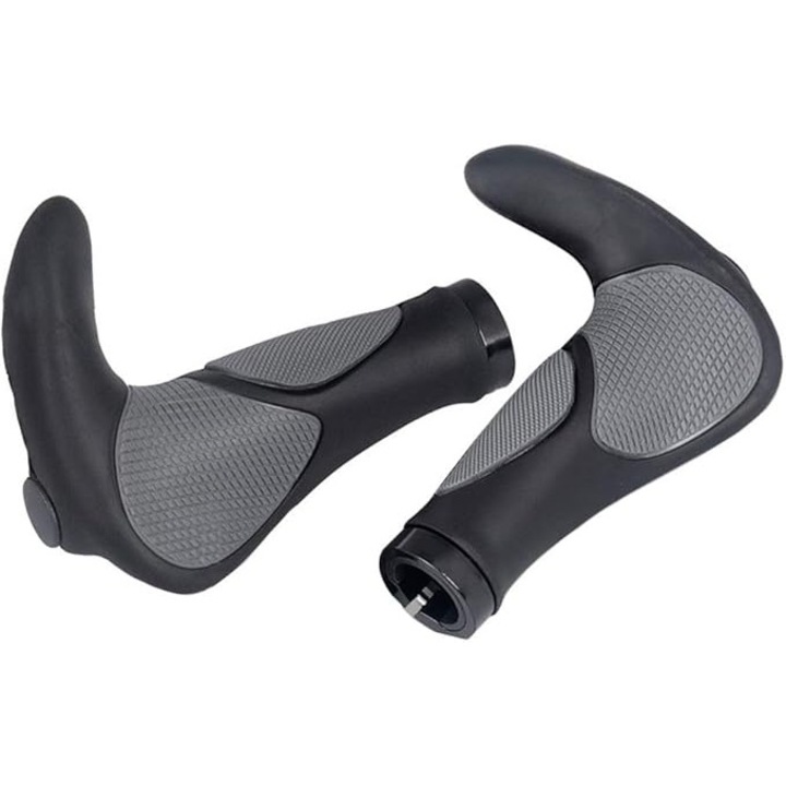 Mansoane ergonomice pentru bicicleta cu capete integrate, negru/gri, set de doua bucati