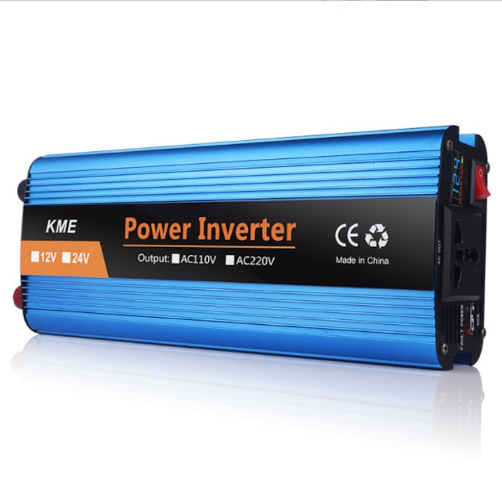 Inverter auto 500W, 12V, cu priza pentru bricheta auto, cleme pentru baterie, display digital, port USB, ventilator de racire, constructie din aliaj de aluminiu, 17.5x6x10.6cm, albastru