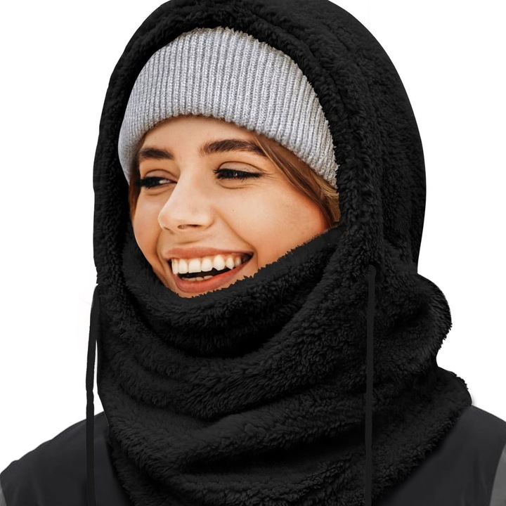 Női balaclava, egy méret, fekete, elasztikus gyapjú, szélálló, alkalmas téli szabadtéri tevékenységekhez