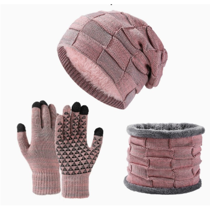 Set caciula/fular si manusi, tricotate, manusi cu touchscreen, roz