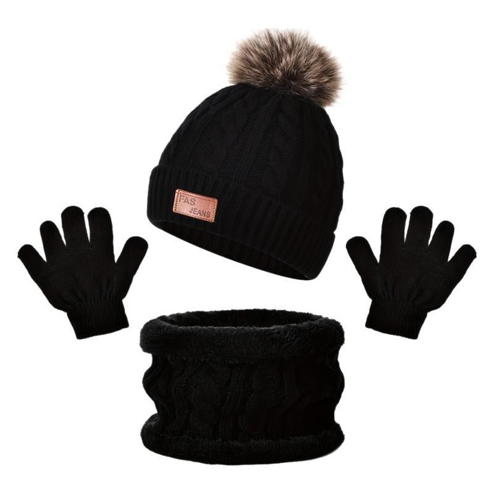 Gyermek téli sapka, sál és kesztyű szett, fekete, One-Size méret