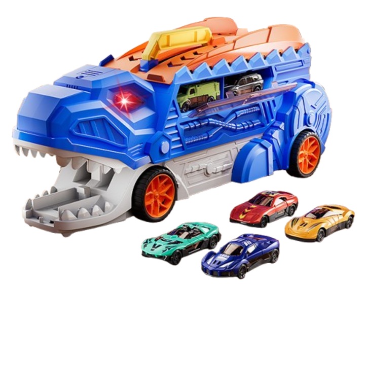 Set masinute, Dinosaur Bite, include masinuta Shark Bite, transport si depozitare, multicolor, 4-8 ani