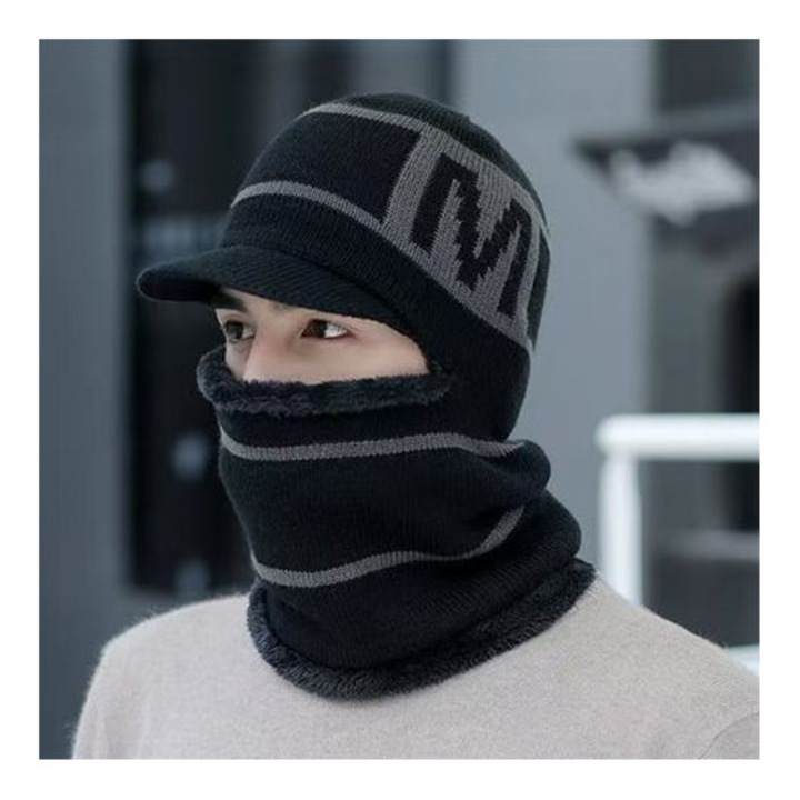 Мъжка зимна вълнена шапка, двойна плетка, нейтрален тон, 56-62 см