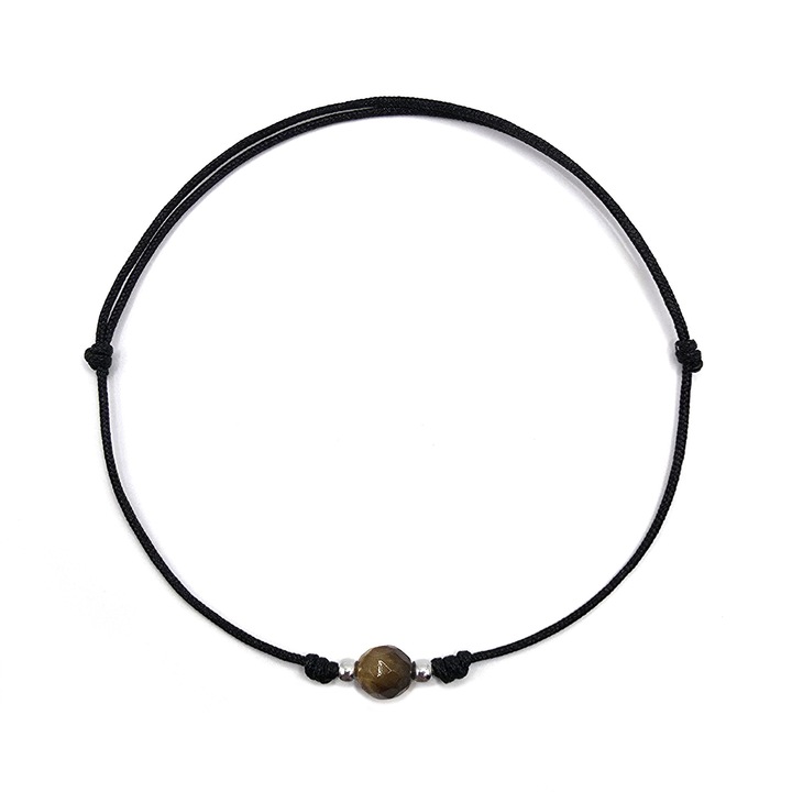 Bratara handmade, din argint 925, Lexy's Boutique, ajustabila, cu piatra semipretioasa si snur de matase - Ochi de tigru