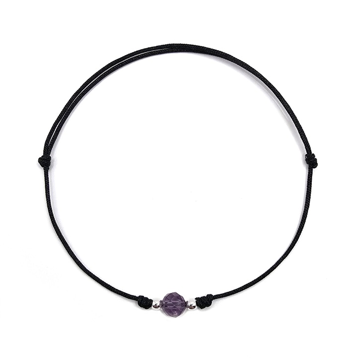 Bratara handmade, din argint 925, Lexy's Boutique, ajustabila, cu piatra semipretioasa si snur de matase - Ametist