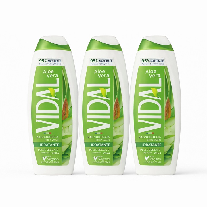 Set gel de dus Vidal Aloe Vera, 3 x 500 ml, hidratant, pentru piele sensibila, unisex
