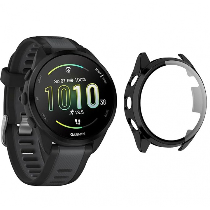 Husa de protectie cu folie de protectie pentru Garmin Forerunner 165 / 165 Music, protectie completa, sticla securizata, negru