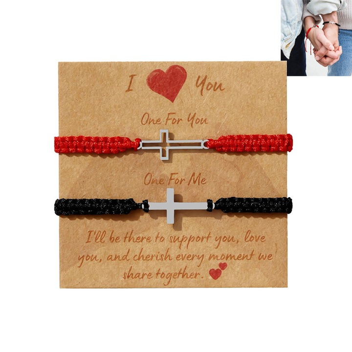 Комплект от 2 гривни за двойки, кръст от неръждаема стомана, регулируема плетена връв, подходящи като подарък за двойки, семейство и приятели