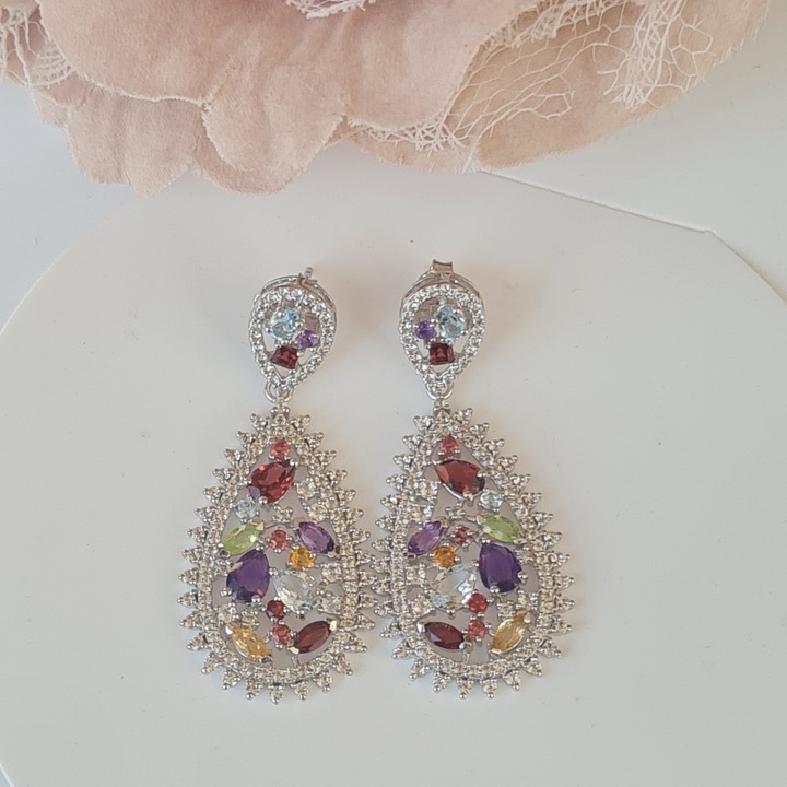 Cercei argint 925, argint rodiat, cercei Vogue multistone, cu pietre de Ametist, Citrin, Garnet, Peridot, Topaz Alb, Topaz Roz, Topaz Sky Blue, dimensiune 5 cm, greutate 11.6 gr