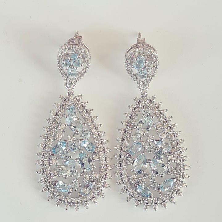 Cercei argint 925, argint rodiat, cercei Velvet cu piatra Turcoaz albastru Sky Blue, dimensune 5 cm, greutate 13.4 gr