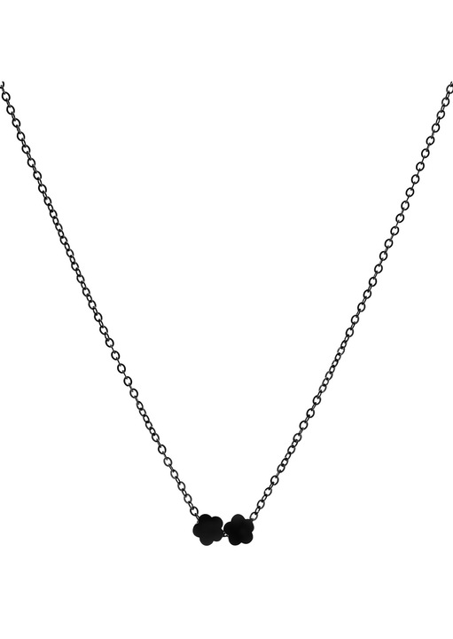 Colier Dama Inox Negru, Cu Pandantive Trifoi Cu 5 Foi Din Zirconia Neagra, Lant Fin Tip Cable Elegant, Pandantive 6 Mm, Lant 45 Cm, Extensie 5 Cm, Colier Minimalist Feminin Cu Simbol Noroc, Accesoriu Modern, Cadou Valentine’s Day Si 8 Martie, Negru