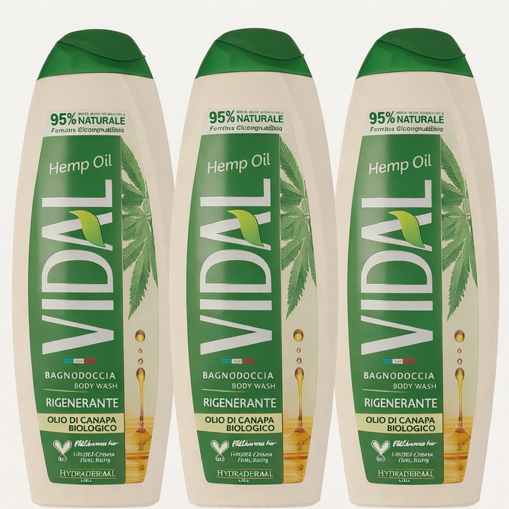 Set geluri de duș Vidal Hemp Oil, 3 x 500 ml, ulei de cânepă bio, regenerant, unisex