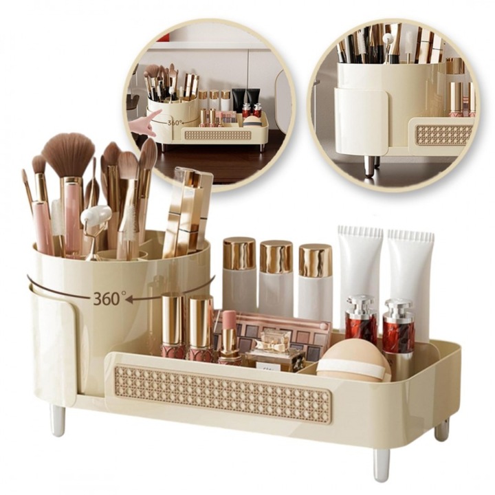 Органайзер за козметика въртящ се на 360°, многофункционална поставка за грим и четки, хибриден дизайн с тава и декоративна вложка тип ратан, неплъзгащи се крачета, 34,5 см, бежов