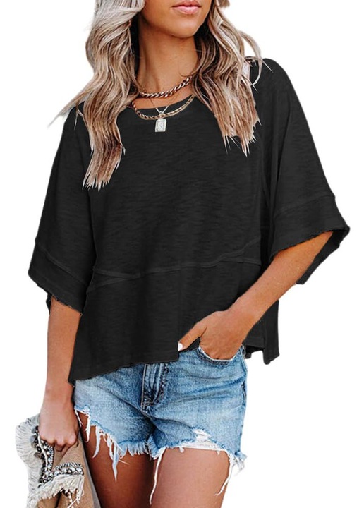 Tricouri de vara casual cu guler rotund（10021）, Negru