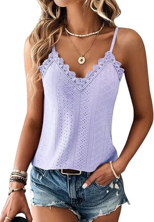 Tricou lejer de vara, cu guler in V, bretele subtiri, dantela, mov M