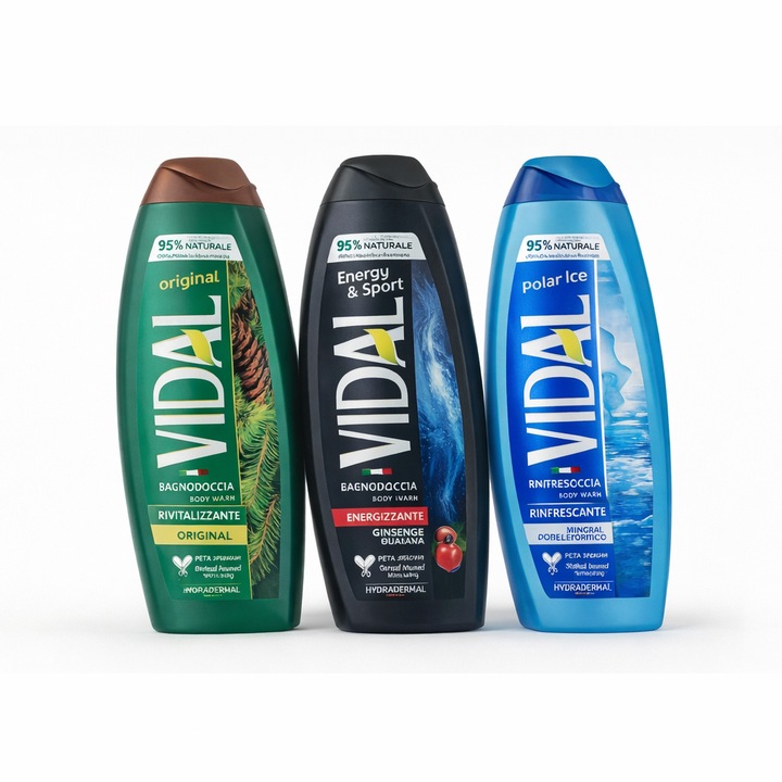 Set geluri de duș Vidal pentru bărbați, 3 x 500 ml, Original, Energy & Sport, Polar Ice
