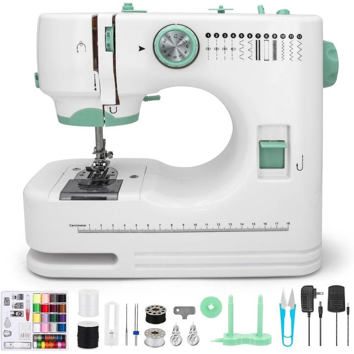Masina de cusut electrica, Bedee, Cu cusatura inversa, 12 tipuri de cusaturi, 2 viteze, Suport pentru cusut cu ac dublu, Iluminare LED, portabila, Alb Verde