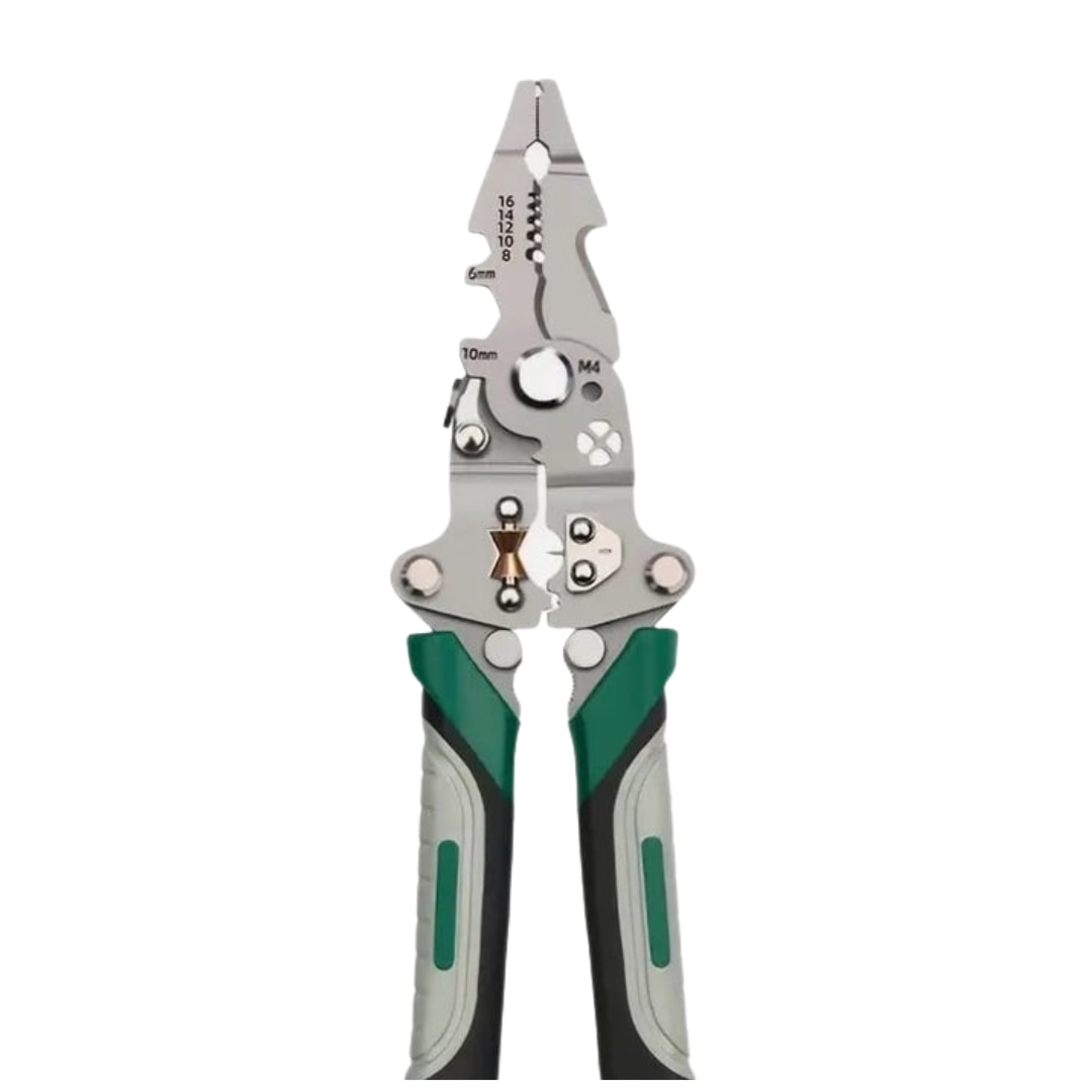 Patent multifunctional Macvi® 12-in-1 cu sertizor pentru cabluri cleste pliabil din otel pentru dezizolare, taiere si sertizare fire, design ergonomic pentru lucrari electrice