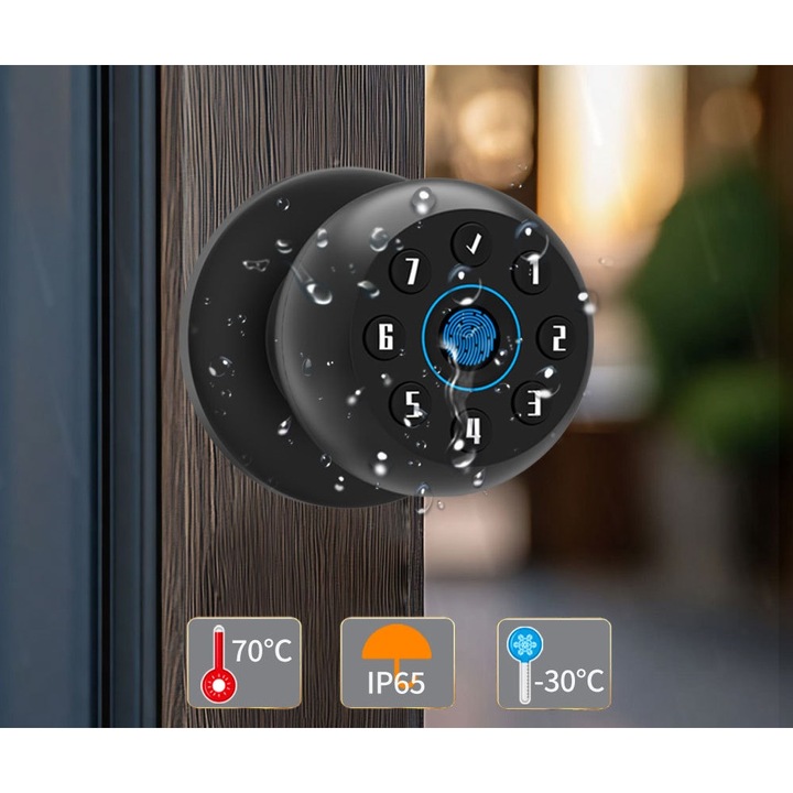 Yala Smart cu Amprenta si Aplicatie, Cod & Cheie, rezistenta la apa IP65, Negru Mat, Aluminiu – pentru Usi 35–50 mm Hotel, Apartamente rezidentiale