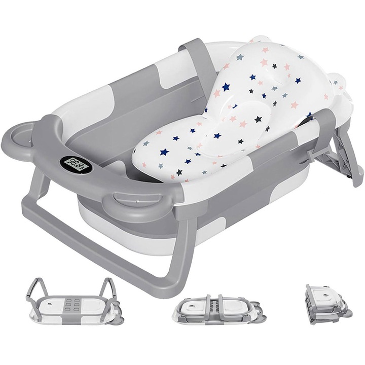 Cada pliabila pentru bebelusi TodyJeyHo cu termometru si perna plutitoare, design dublu pliabil, 0-36 luni, gri