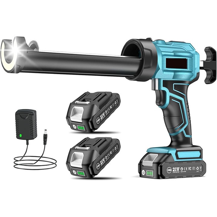 Pistol de silicon fara fir compatibil cu bateria Makita de 18V, pistol electric cu cartuse cu 2 baterii de 2000 mAh, lumina LED, baterie pistol din silicon pentru cartuse de 300 ml