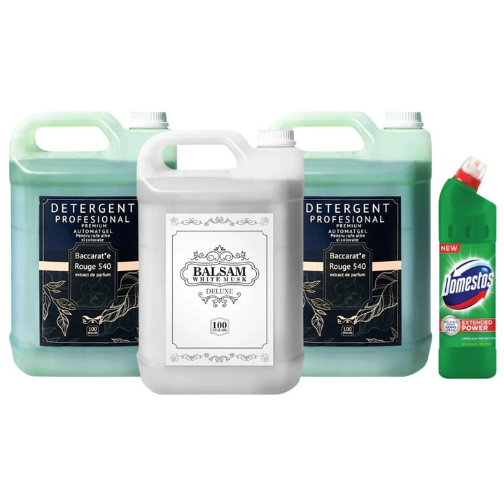 Set detergent universal 2L, Fabrica de Detergent, 200 spalari, balsam Musk Alb, dezinfectant toaleta cadou