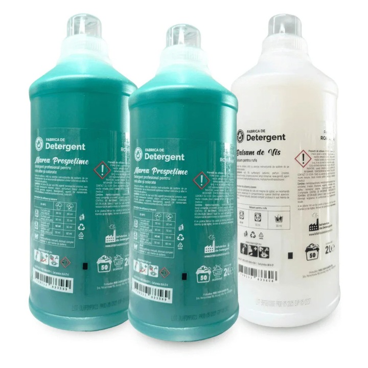 Set 2x Detergent Lichid 2L și 1x Balsam de Vis 2L, Fabrica de Detergent, multicolor, 100 spălări