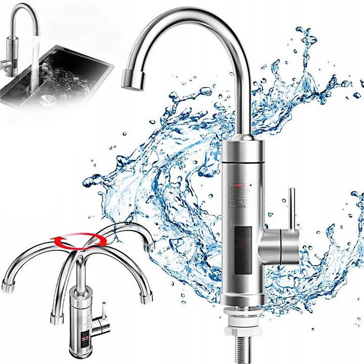 YOUKUKE® Elektromos Csaptelep, 3000 W, Rozsdamentes Acél Burkolat, Vízhőmérséklet kijelző, Melegvíz áramlási sebesség 2-2.5 L/perc, Vízdruk 0.04-0.6 MPa, Rozsdamentes Acél