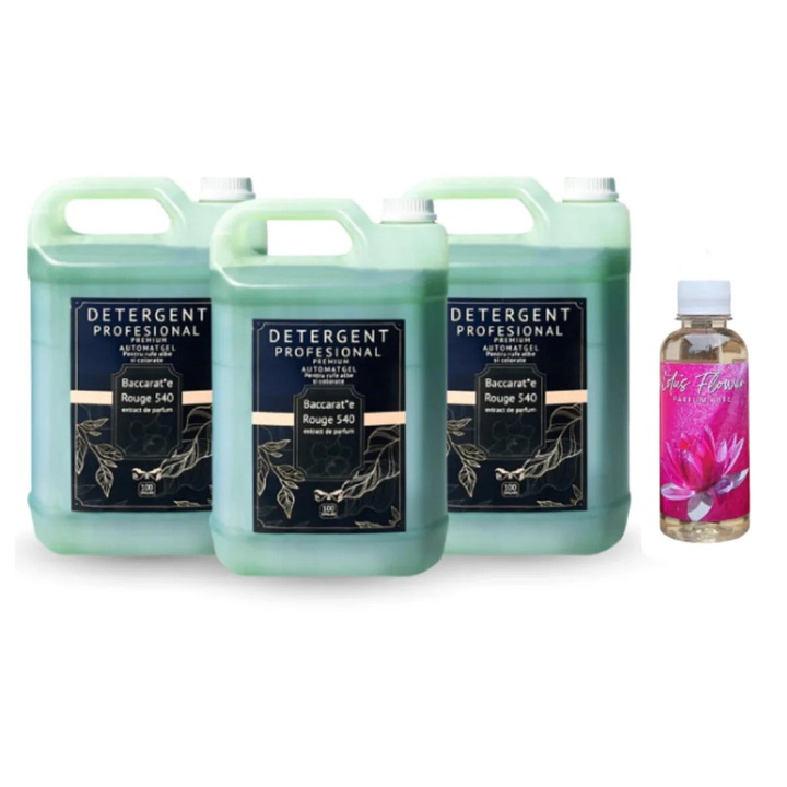 Set de 3 Detergent Profesional Baccarat 5L, parfum de rufe Lotus Flower 200ml, universal, pentru 300 spălări