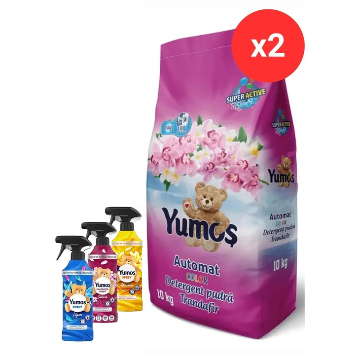 Set detergent universal Yumos 10kg x2, pudră, 200 spălări, compatibilitate cu pielea sensibilă
