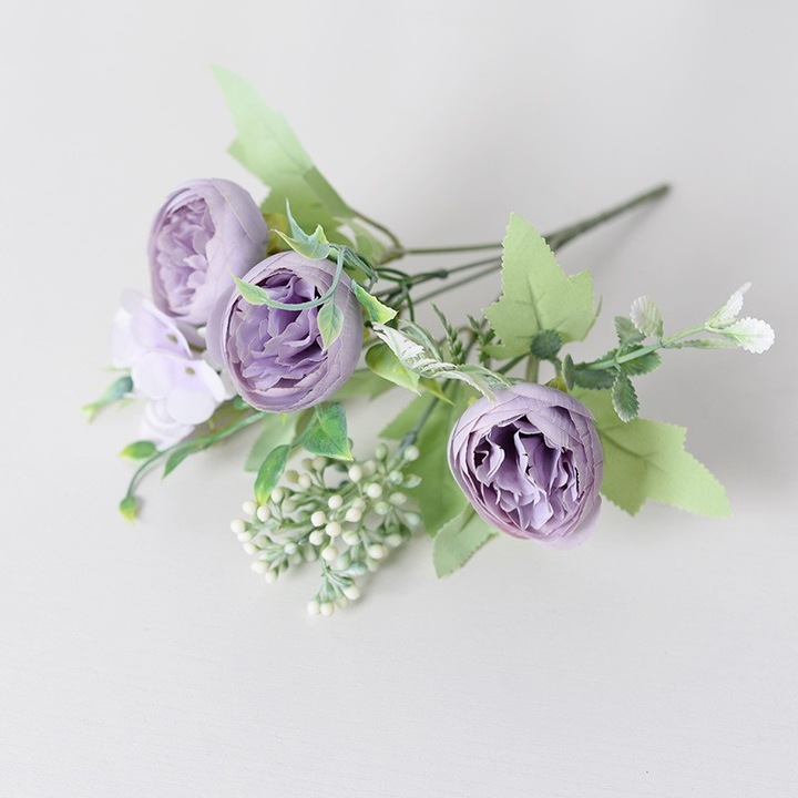 Set 3 Bujori Lila Artificiali, 25cm, material textil si plastic, diametru 4-5cm