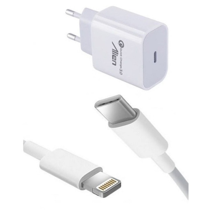 Incarcator de priza 2.4A cu Quick Charge 3.0 si USB Type-C cu cablu TypeC-Iphone 1 metru panzat max.6A 45W