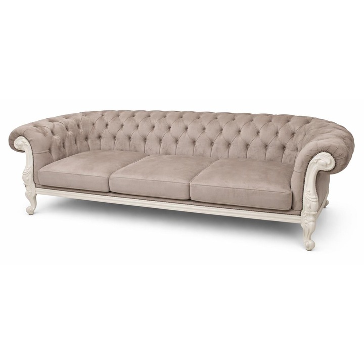 Canapea 3 locuri Victoria, tapitata textil, brate si picioare lemn masiv, 220x85cm