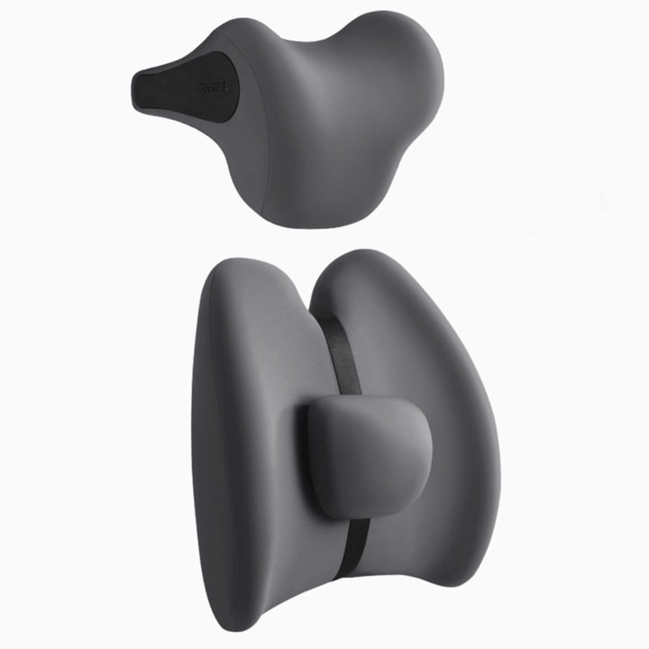 Set 2 Perne Ergonomice Auto pentru Scaun, Suport Lombar si Cervical, Perna Ortopedica, Design Anatomic pentru Confort Sporit, Reducerea Durerilor de Spate si Gat, Compatibil Universal pentru Masina, Birou sau Scaun Gaming, Gri, PriStyle®