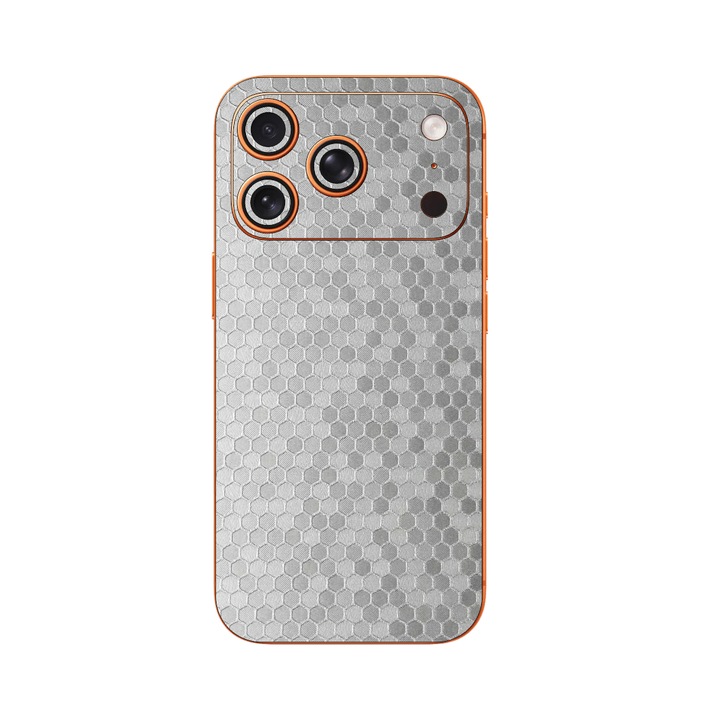 Folie iSkinz pentru Apple iPhone 17 Pro Max - Honeycomb Argintiu Silver, Split Cut, Skin Adeziv Full Cover, Protectie Carcasa Spate si Laterale