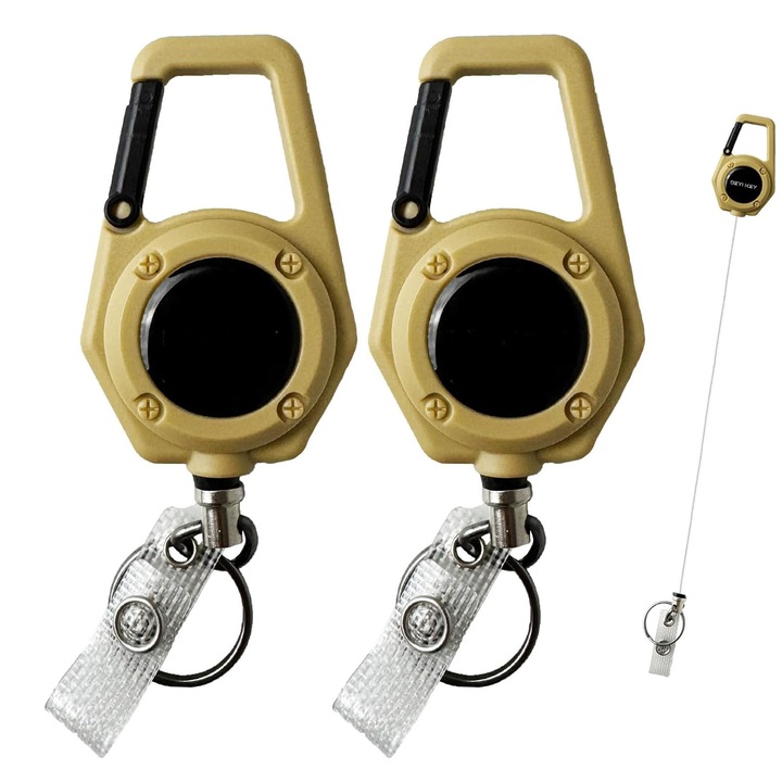 Set 2 brelocuri retractabile, AFKSMILE, carabina metalică, cordon din oțel, kaki, 12.2x4.6x1.7cm