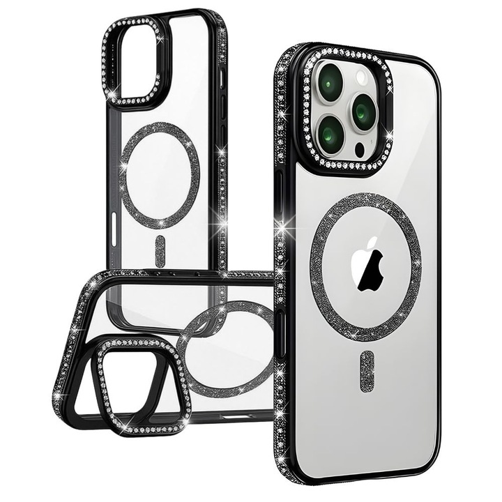 Калъф за Apple iPhone 15 Pro, Stellar-Inlay, Съвместим с MagSafe, Инкрустирани Блестящи Камъчета, Против Отпечатъци, Поддръжка Около Камерата, Против Надраскване, Защитава Камерата, Елегантен Дизайн, Черен