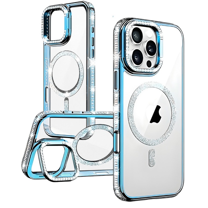 Калъф за Apple iPhone 15 Pro, Stellar-Inlay, Съвместим с MagSafe, Инкрустирани Блестящи Камъчета, Против Отпечатъци, Опора около Камерата, Против Надраскване, Предпазва Камерата, Елегантен Дизайн, Син